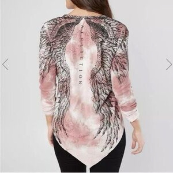 Affliction | Women's Acid Wash Pink Rhinestone Angel Wing Thermal Long Sleeve SM - Picture 1 of 9